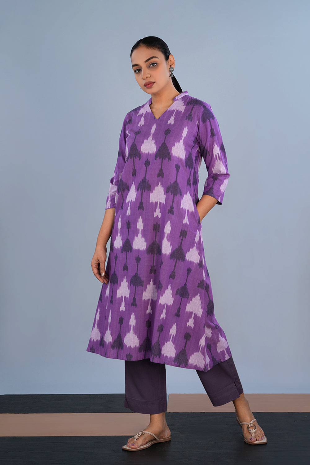 Image of Dusty lilac Cotton Pochampally Ikat Kurta