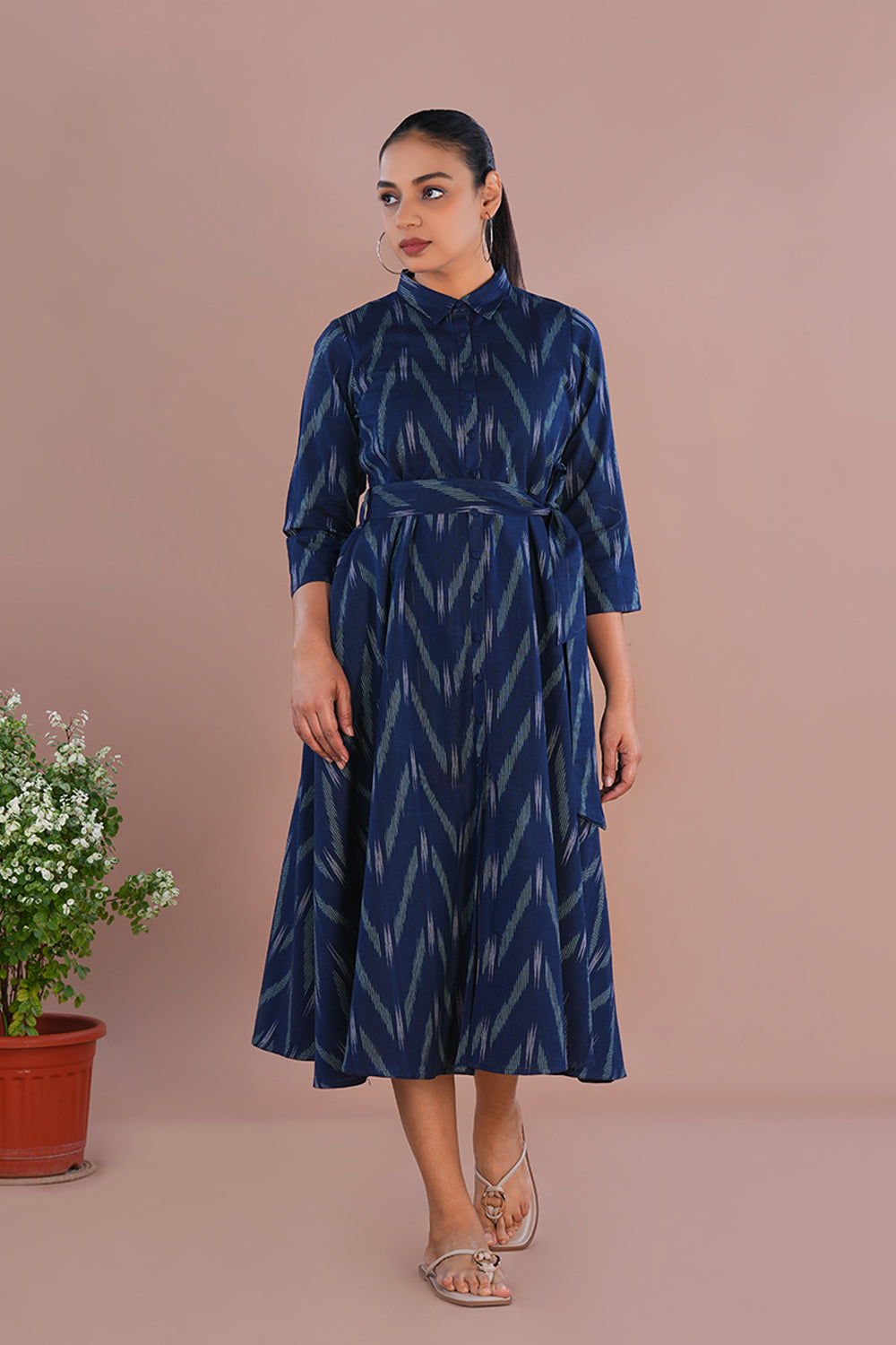 Image of Navy Blue Cotton Pochampally Ikat dress