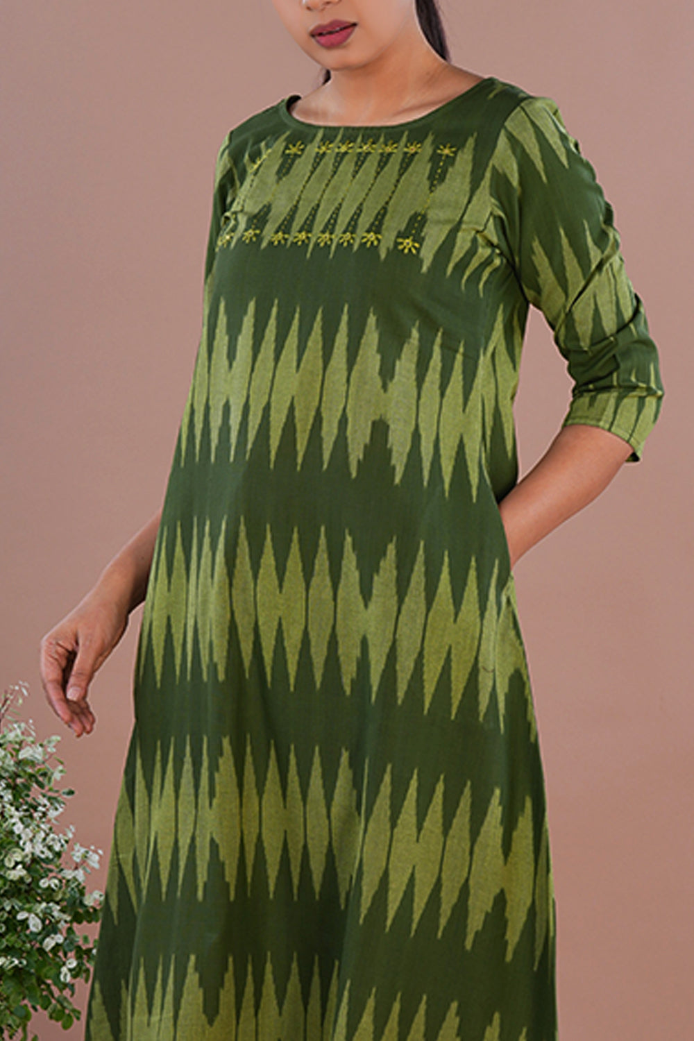 Image of Olive Green Pochampally Ikat Kurta