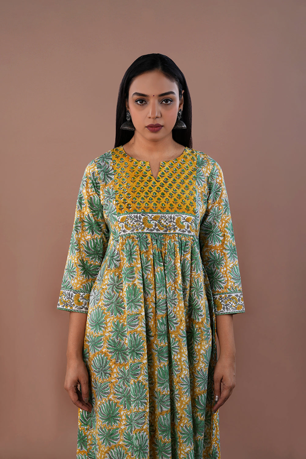 Yellow green Sanganeri hand block printed cotton kurta and pants set