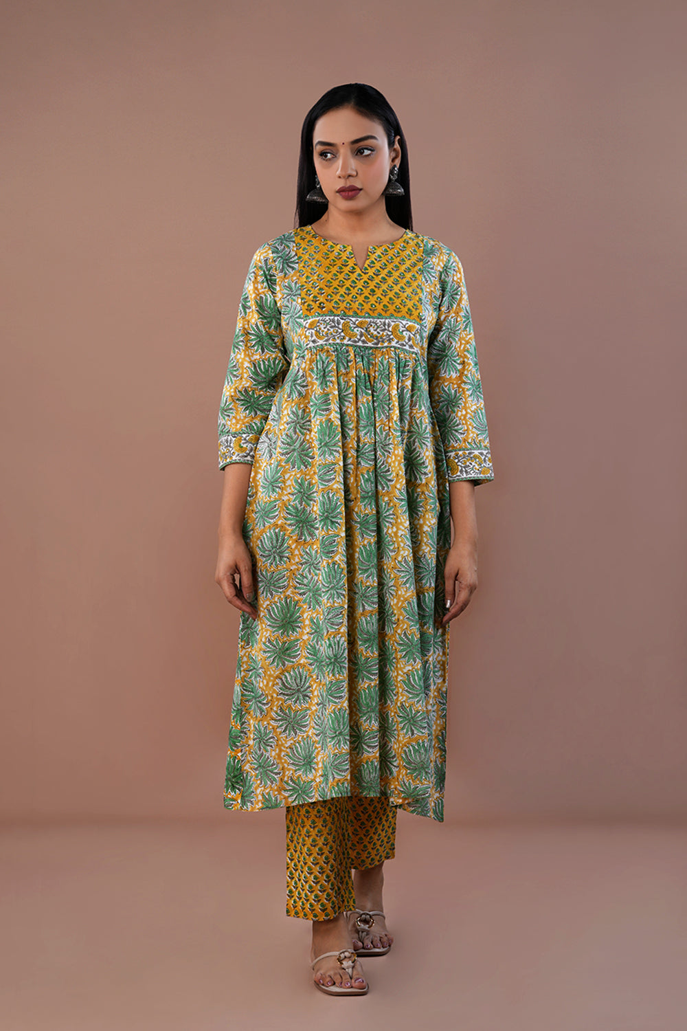 Image of Yellow green Sanganeri hand block printed cotton kurta and pants set