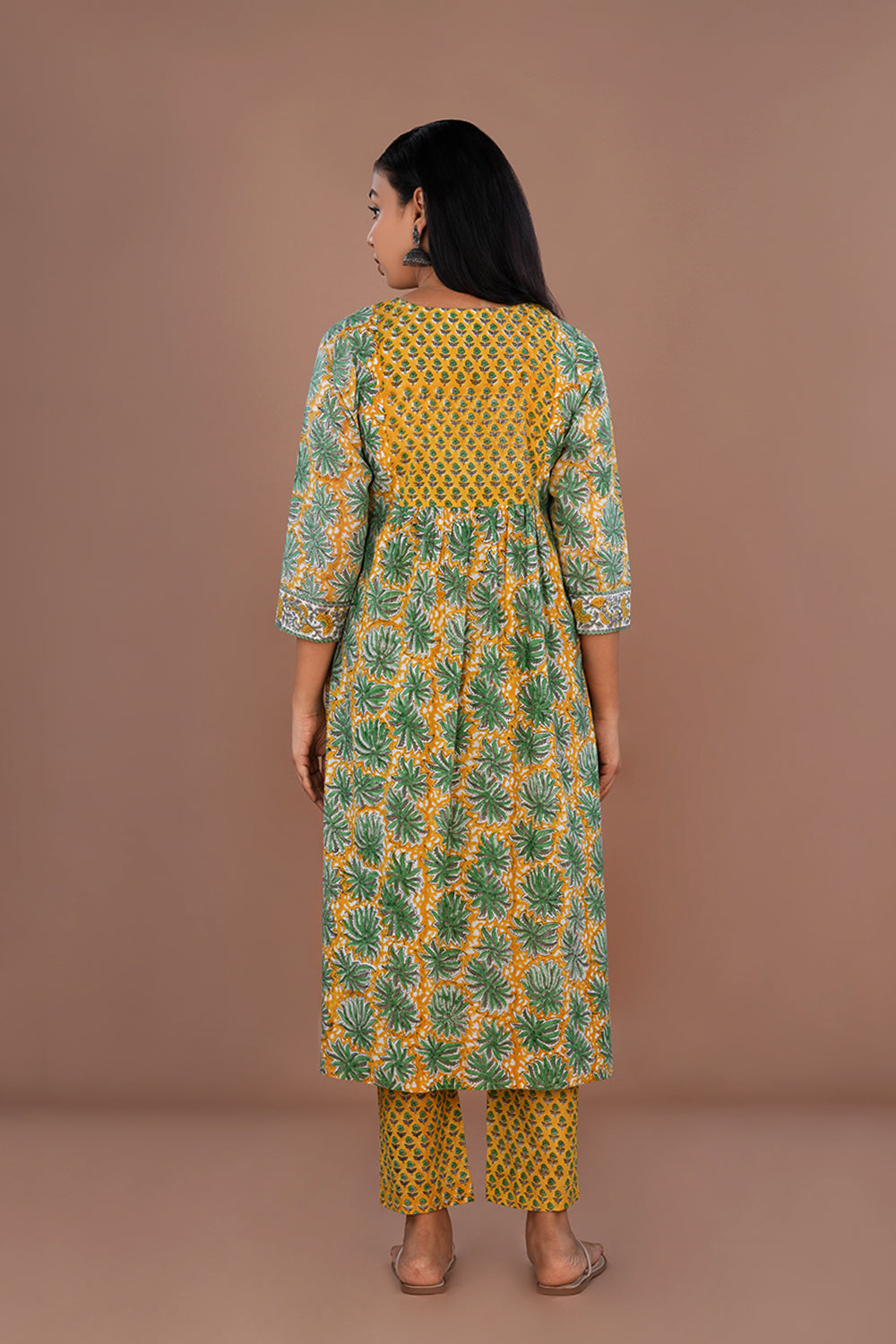Image of Yellow green Sanganeri hand block printed cotton kurta and pants set