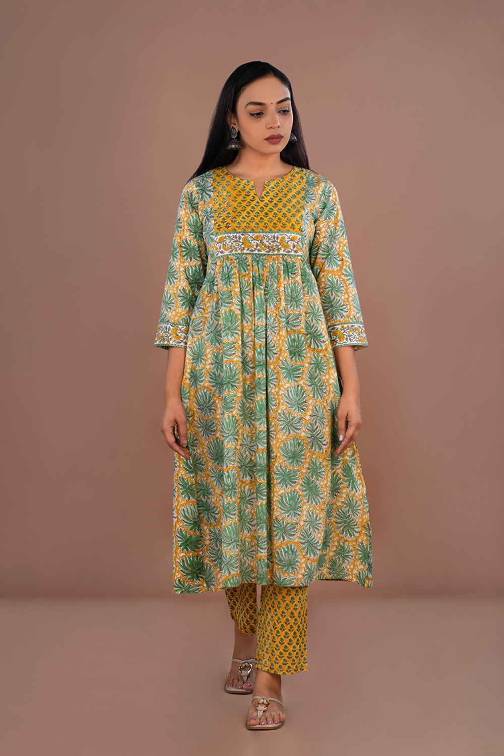 Yellow green Sanganeri hand block printed cotton kurta and pants set