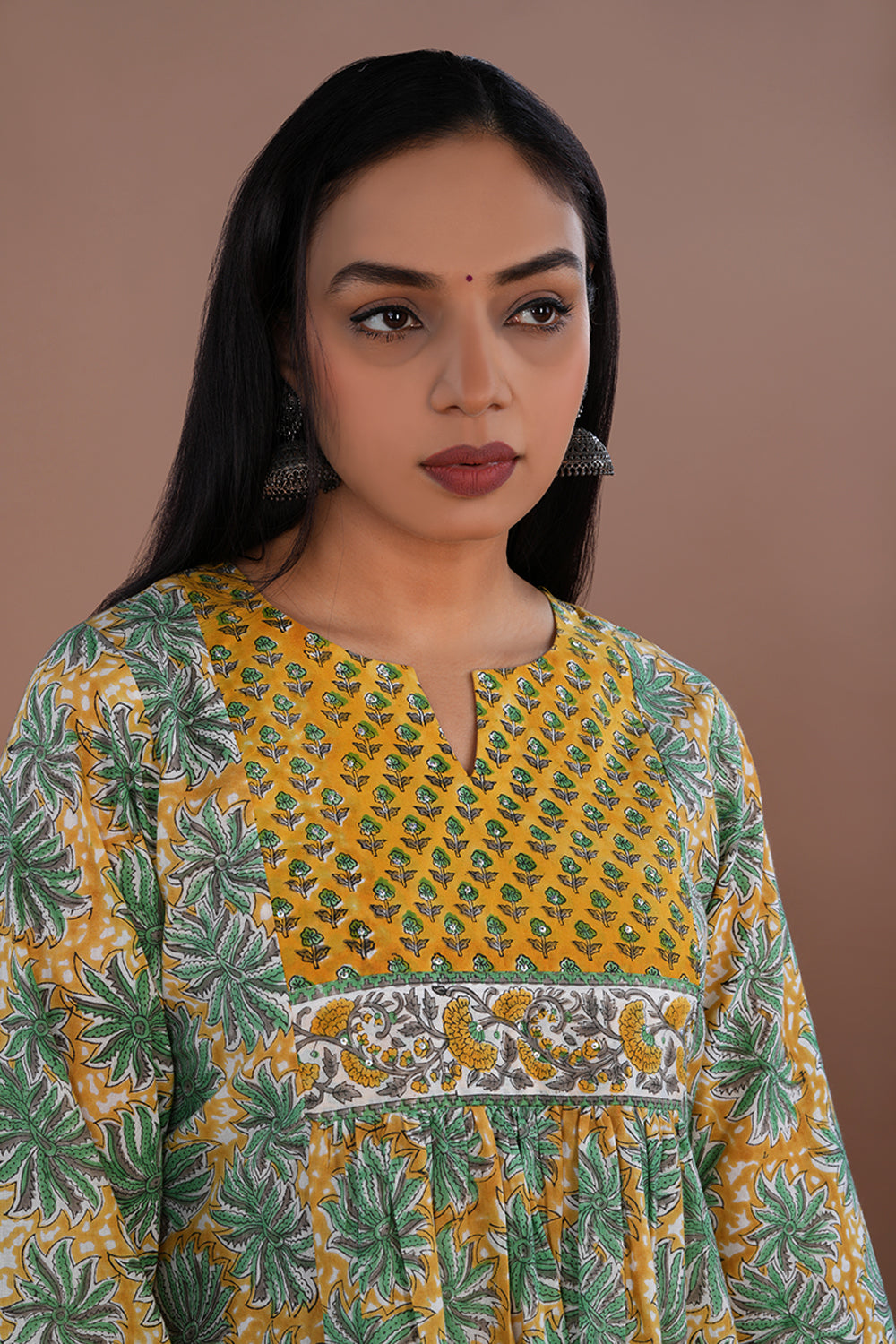 Image of Yellow green Sanganeri hand block printed cotton kurta and pants set