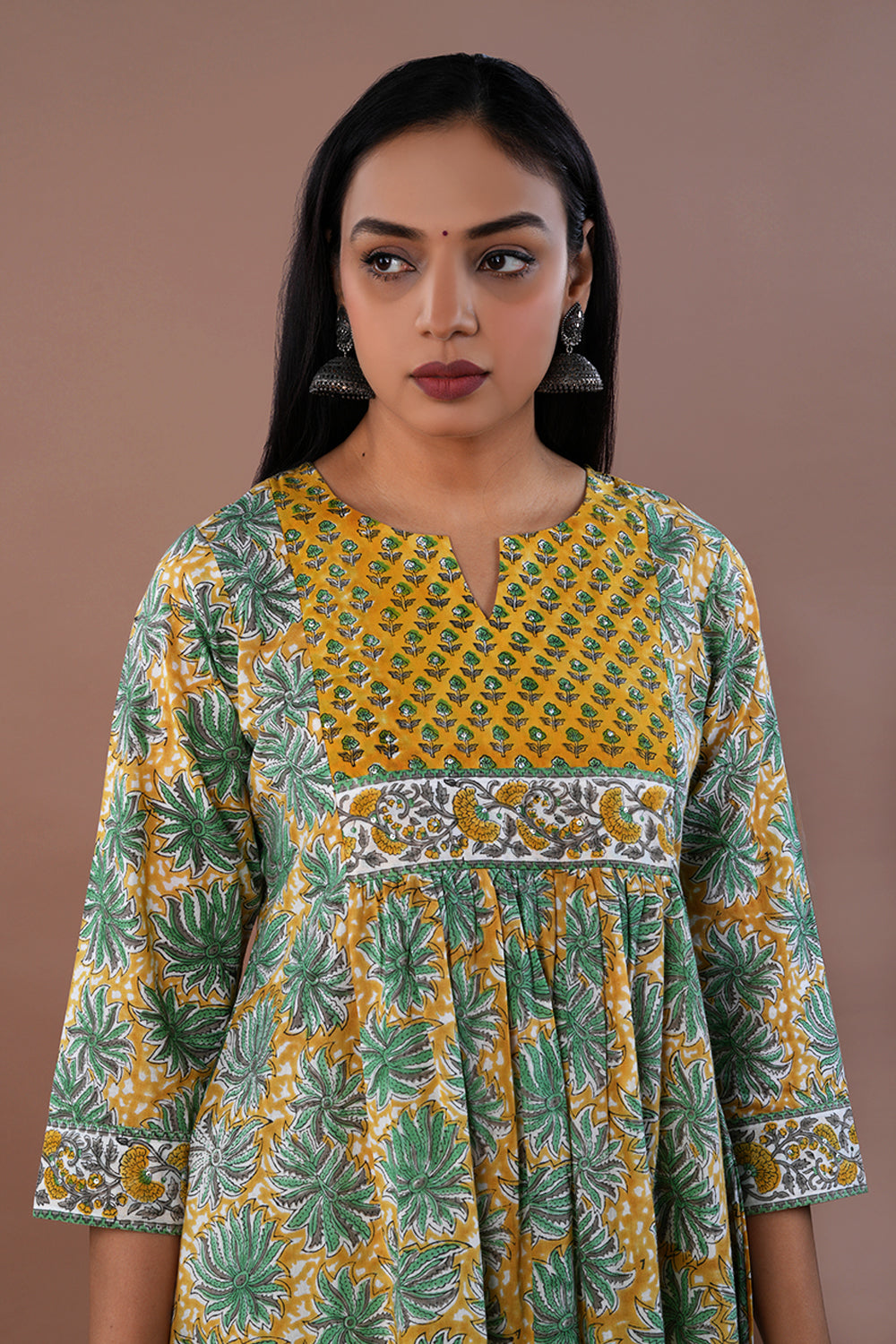 Yellow green Sanganeri hand block printed cotton kurta and pants set