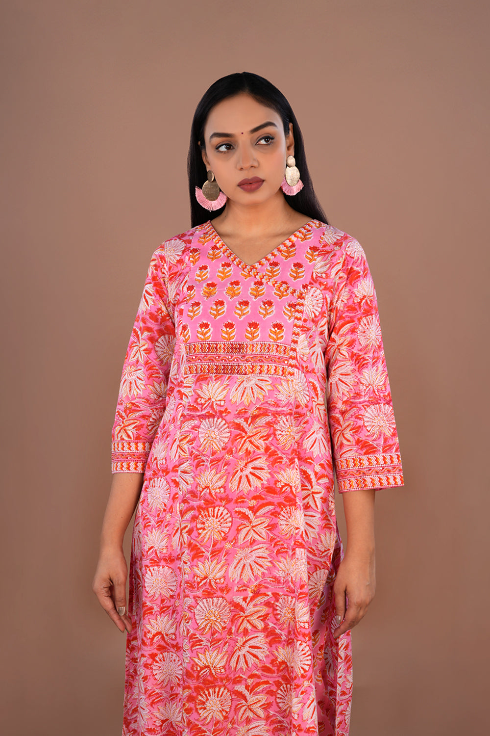 Pink Sanganeri block printed cotton kurta and pants set
