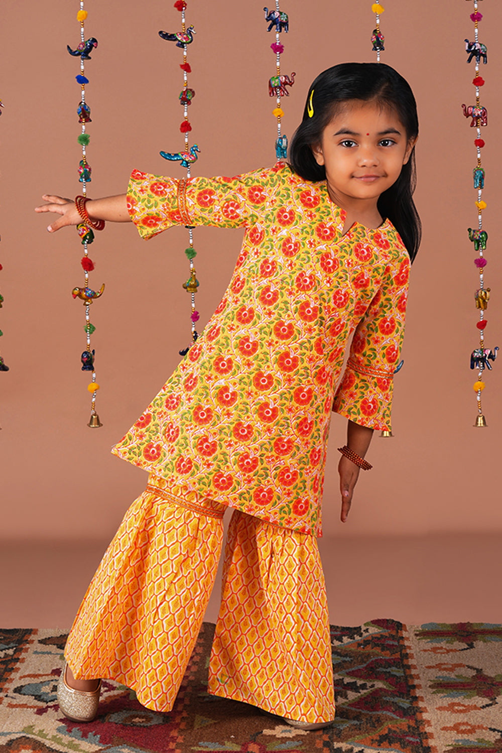 Image of Yellow Floral Jaal block printed Girls Sharara set