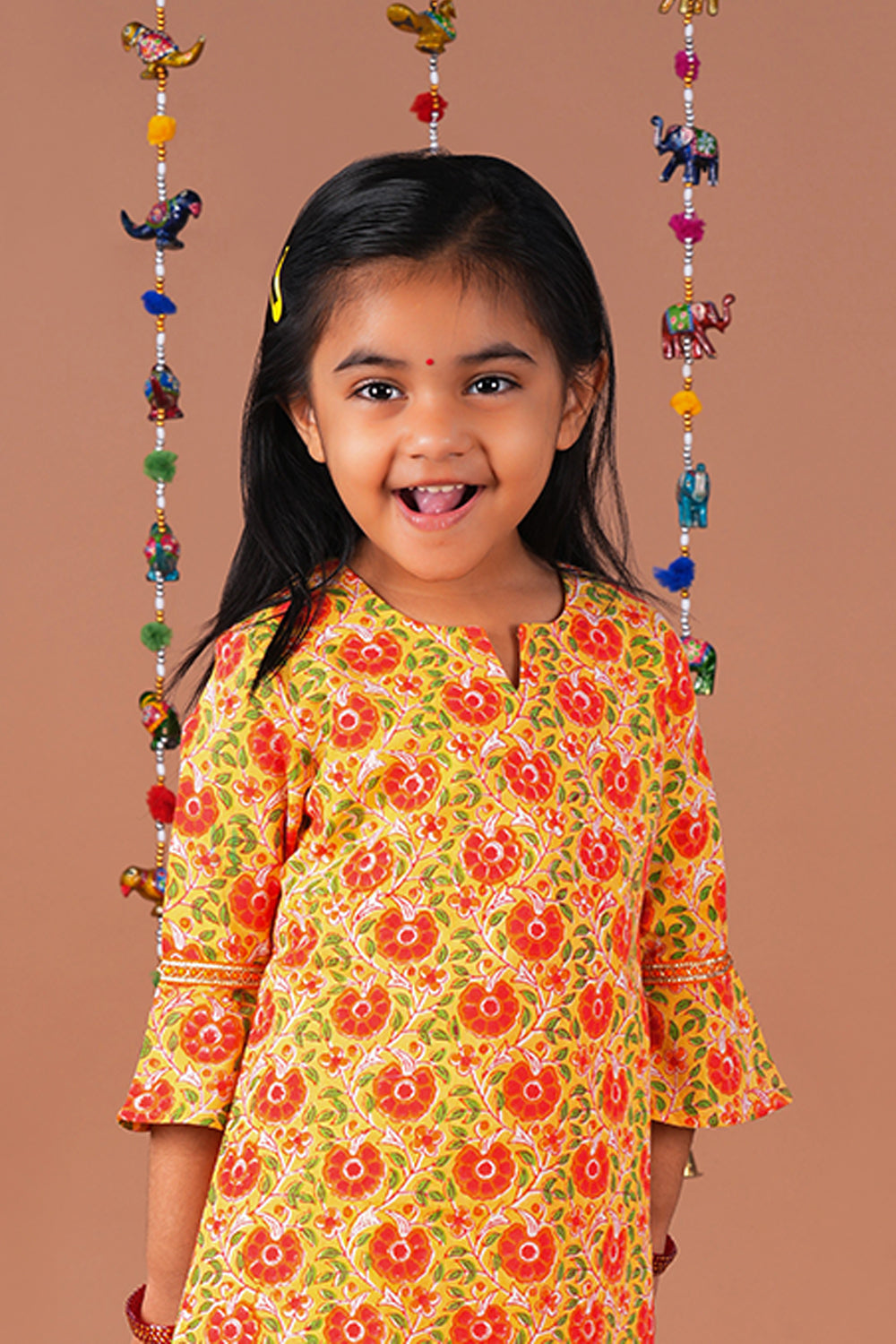 Image of Yellow Floral Jaal block printed Girls Sharara set
