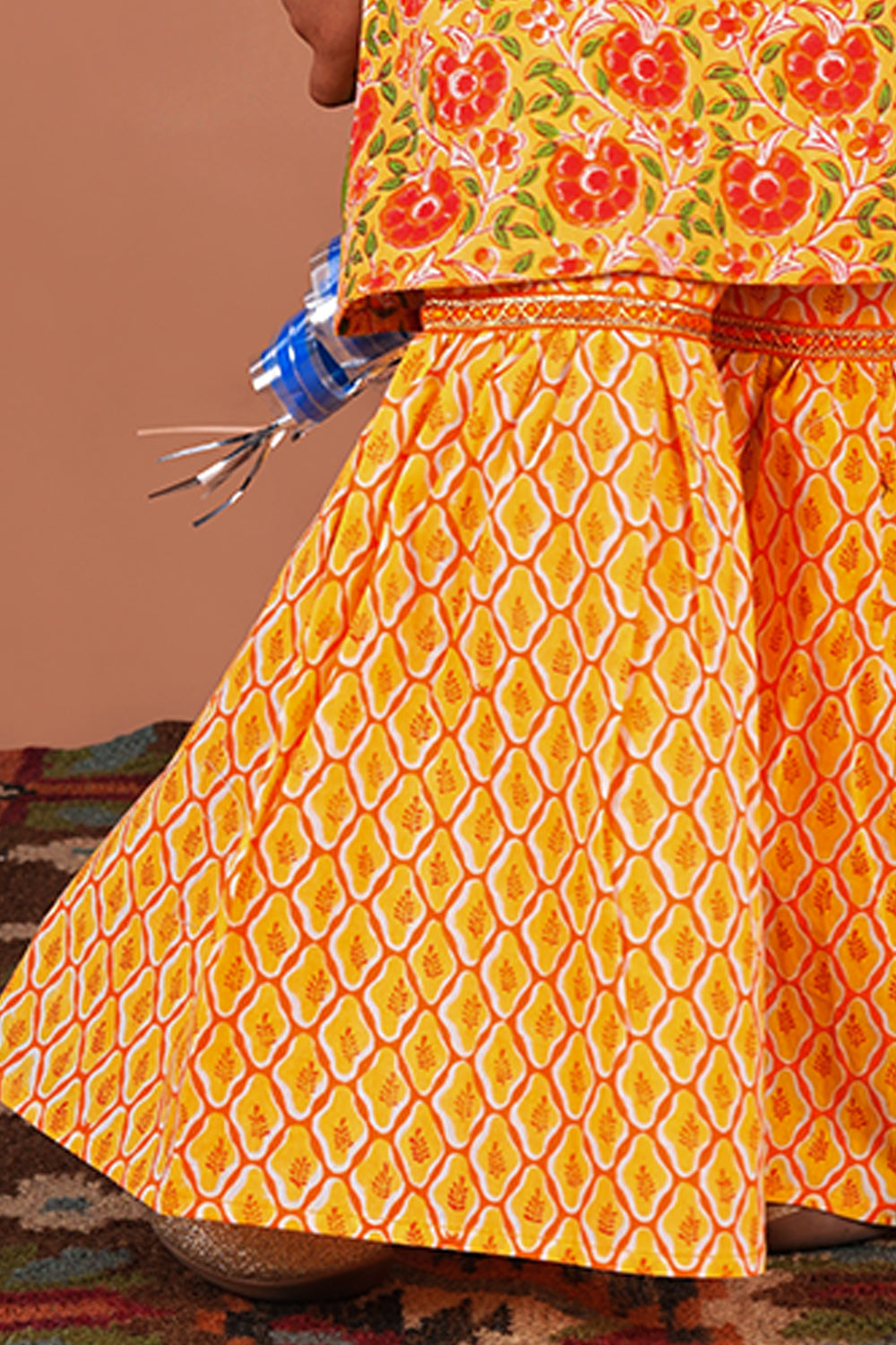 Image of Yellow Floral Jaal block printed Girls Sharara set