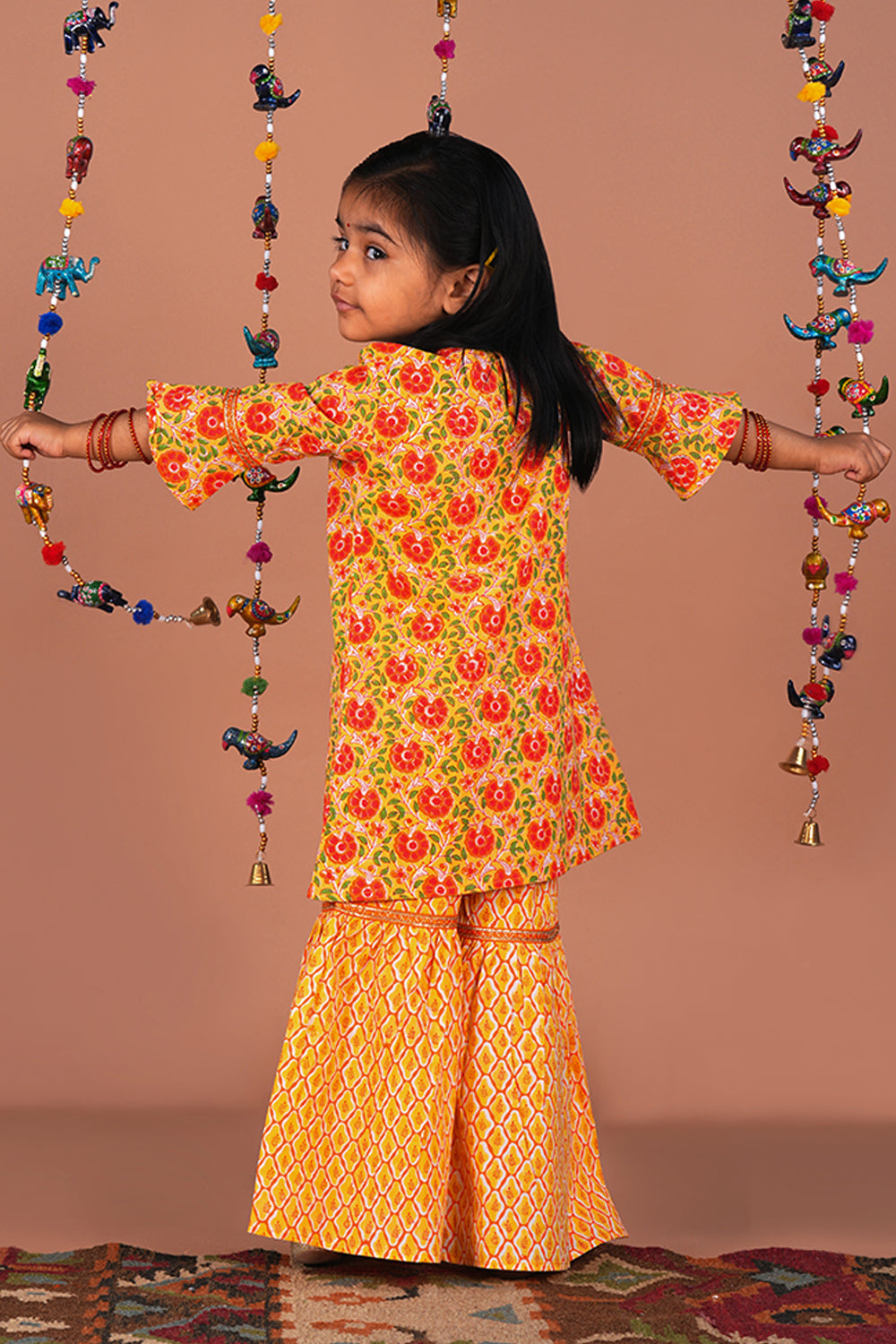 Image of Yellow Floral Jaal block printed Girls Sharara set