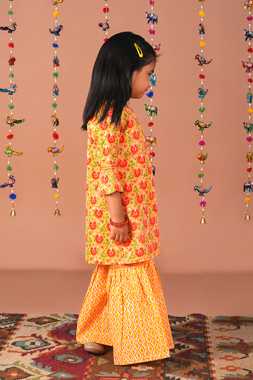 Image of Yellow Floral Jaal block printed Girls Sharara set
