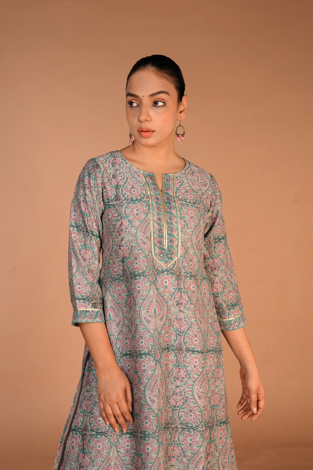 Image of Grey Chanderi handblock printed Kurta set