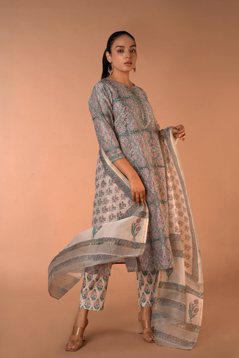Image of Grey Chanderi handblock printed Kurta set
