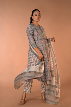 Image of Grey Chanderi handblock printed Kurta set