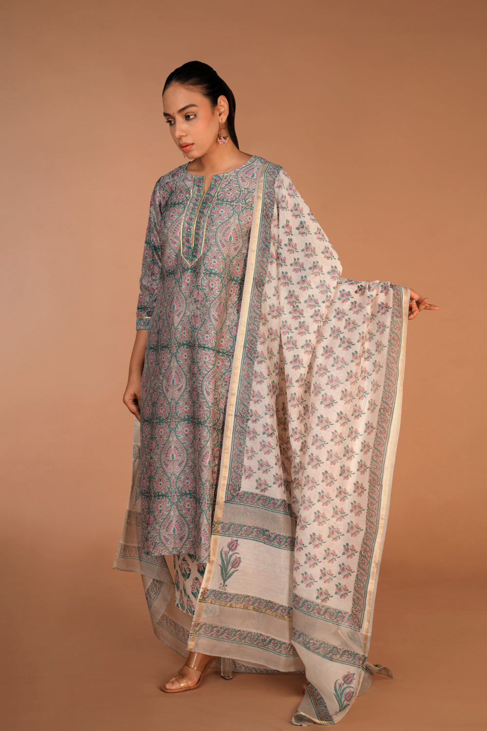 Image of Grey Chanderi handblock printed Kurta set