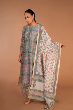 Image of Grey Chanderi handblock printed Kurta set