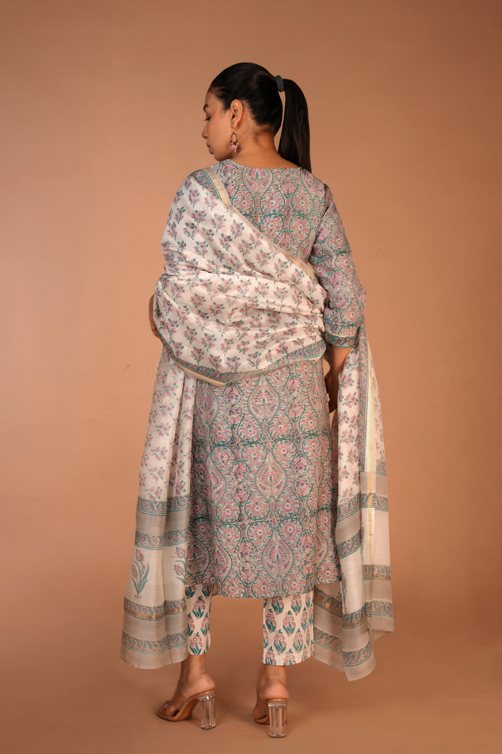 Image of Grey Chanderi handblock printed Kurta set