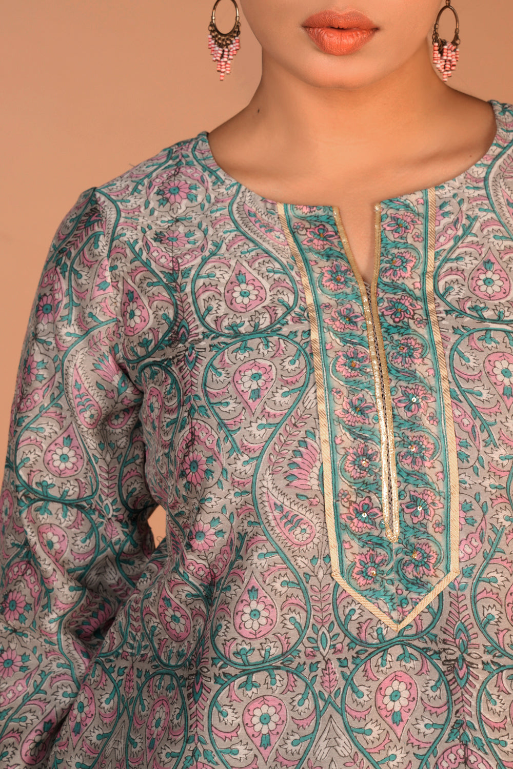 Image of Grey Chanderi handblock printed Kurta set