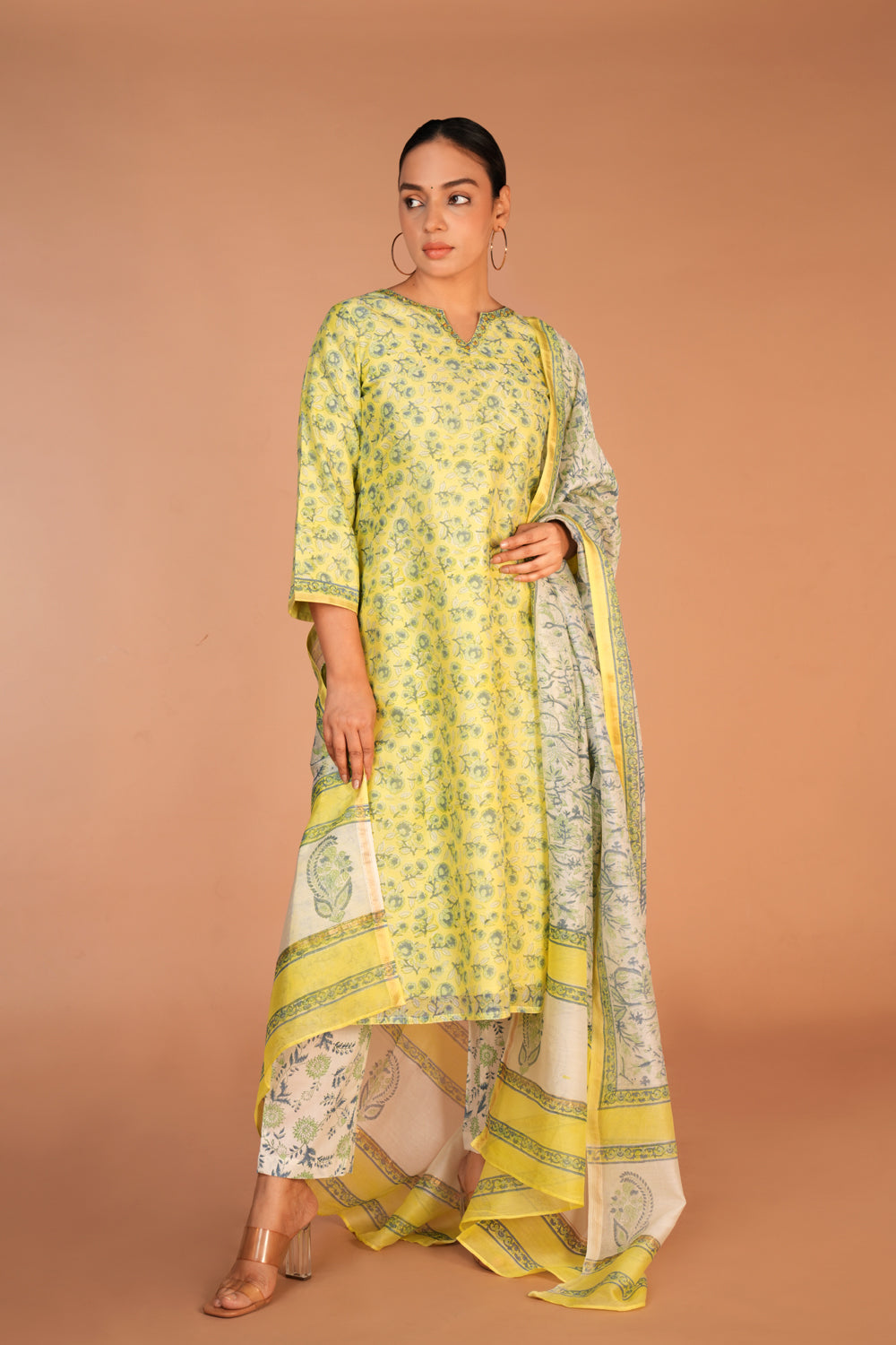 Lemon yellow Chanderi handblock printed Kurta set