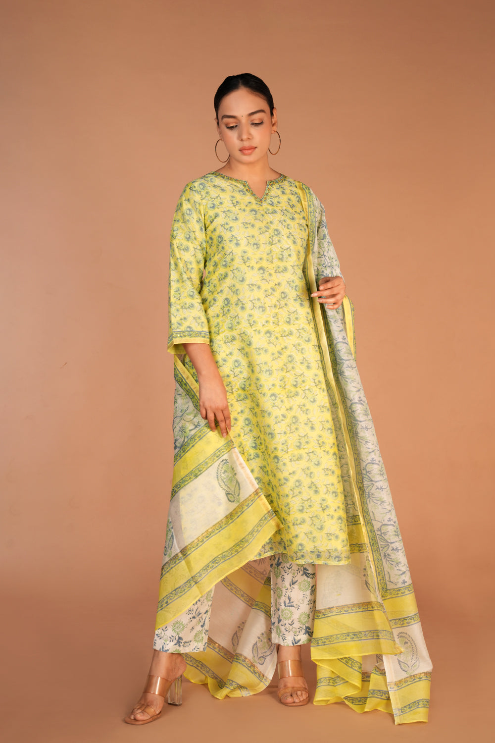 Image of Lemon yellow Chanderi handblock printed Kurta set
