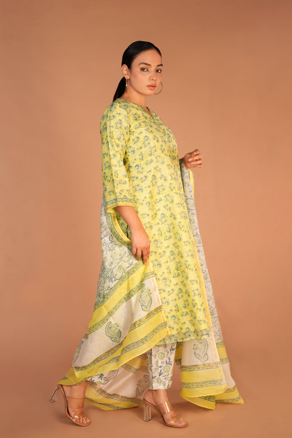 Lemon yellow Chanderi handblock printed Kurta set