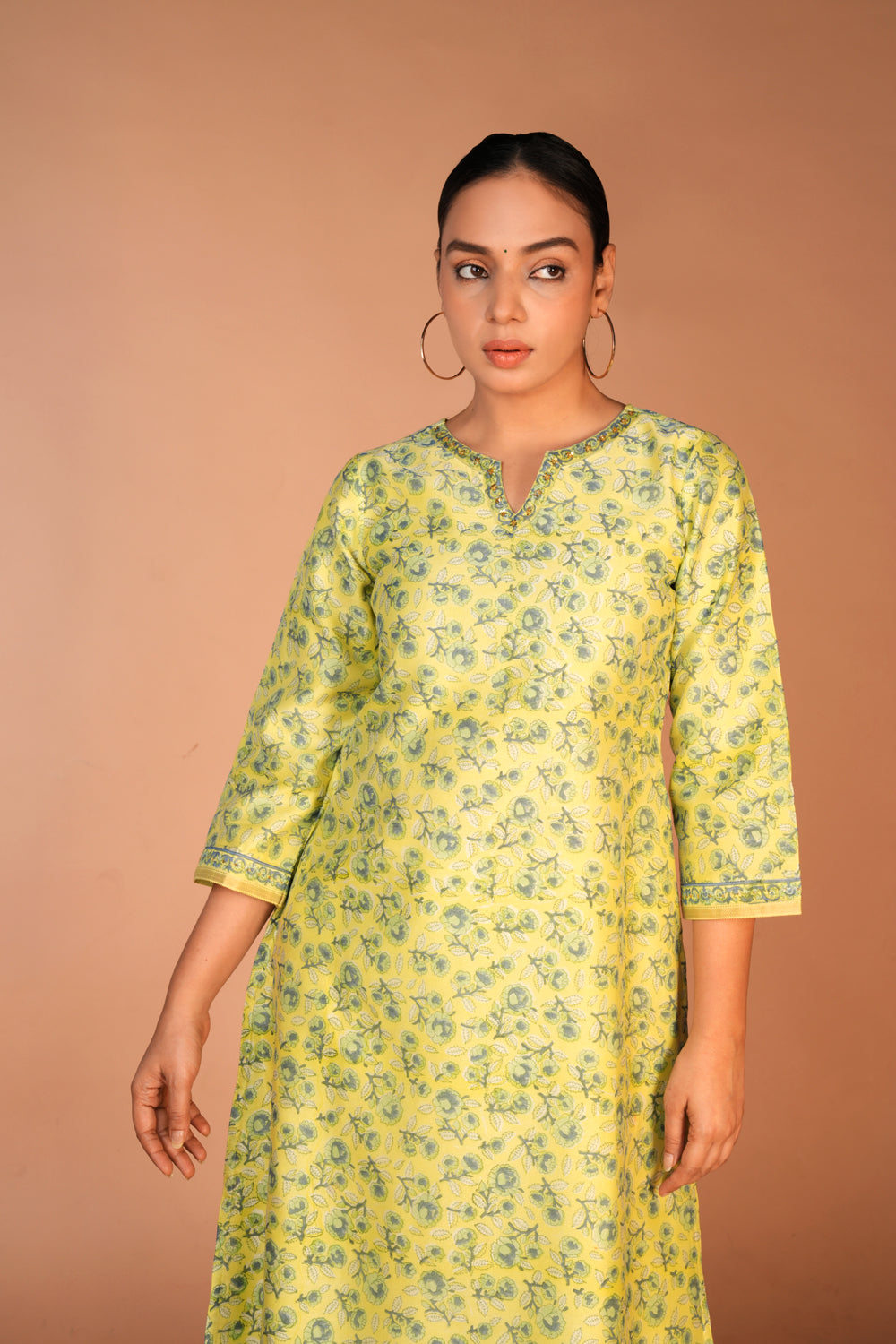 Image of Lemon yellow Chanderi handblock printed Kurta set