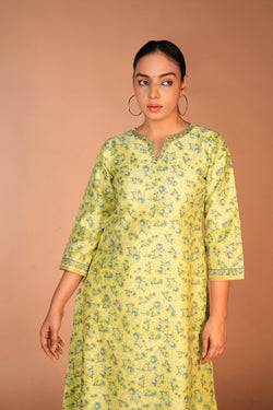 Image of Lemon yellow Chanderi handblock printed Kurta set