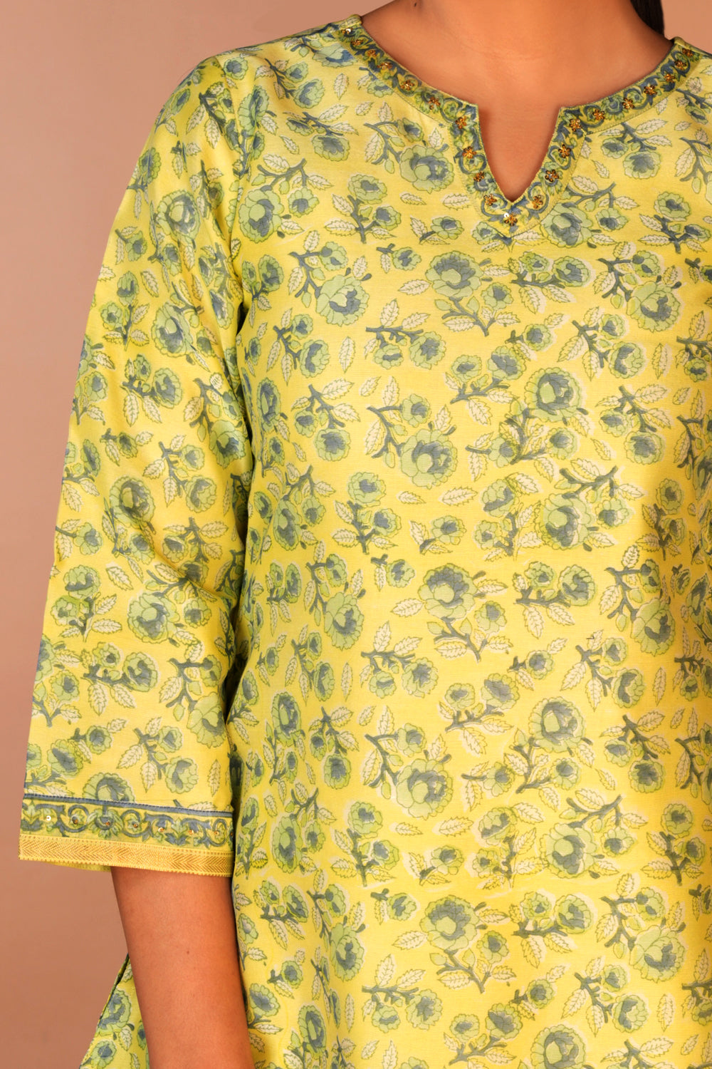 Image of Lemon yellow Chanderi handblock printed Kurta set