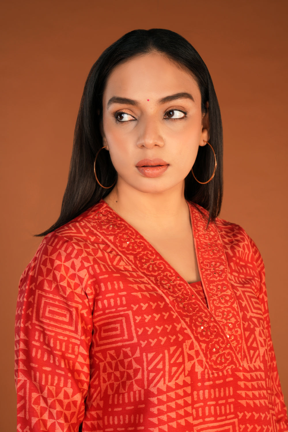Vermillion red Chanderi handblock printed Kurta set