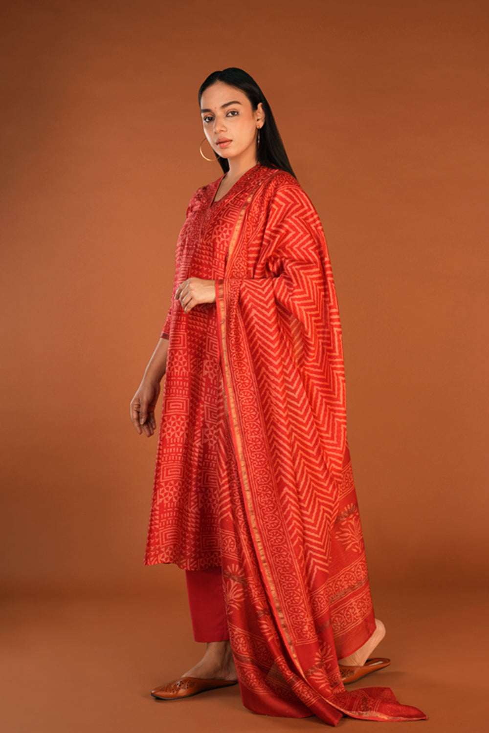 Vermillion red Chanderi handblock printed Kurta set