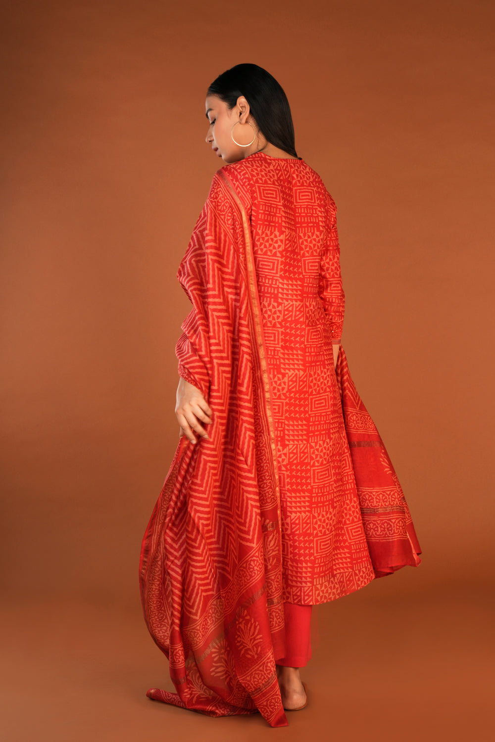 Image of Vermillion red Chanderi handblock printed Kurta set
