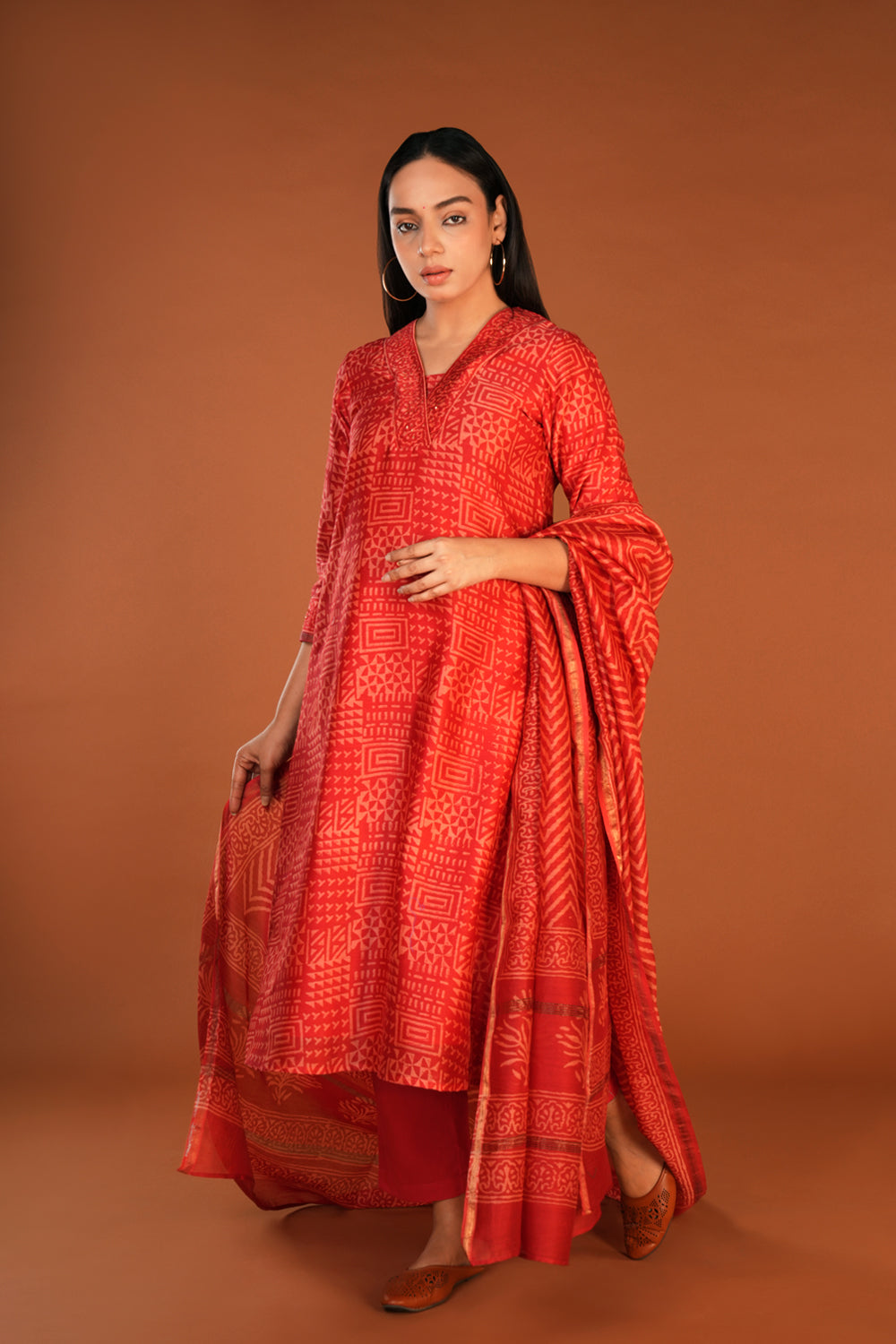Image of Vermillion red Chanderi handblock printed Kurta set