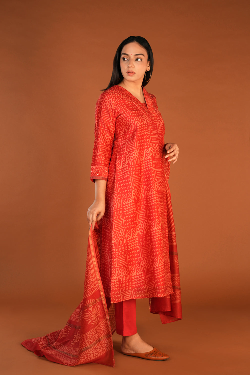 Image of Vermillion red Chanderi handblock printed Kurta set
