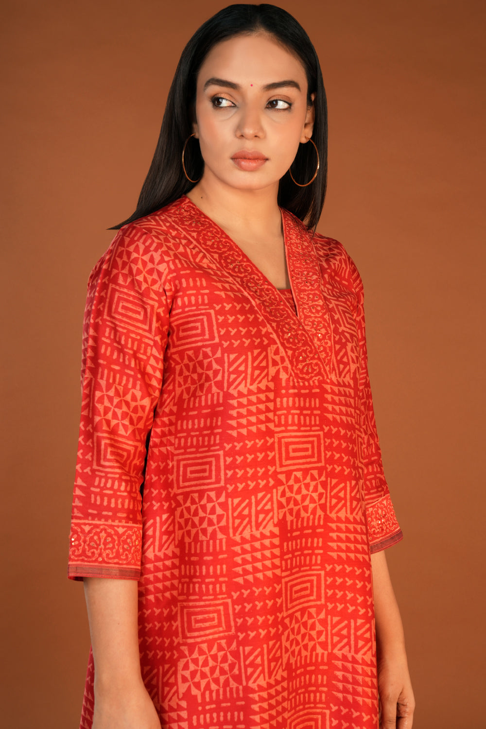 Vermillion red Chanderi handblock printed Kurta set