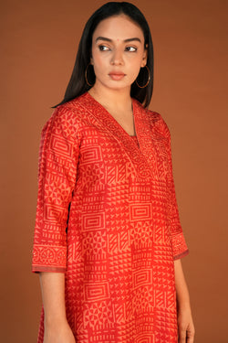 Image of Vermillion red Chanderi handblock printed Kurta set