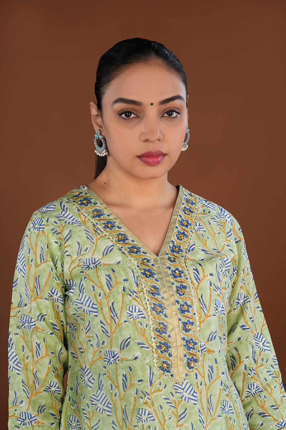 Image of Pista green floral buta sanganeri hand block printed cotton kurta pajama set