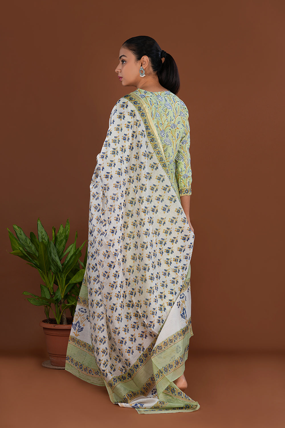Image of Pista green floral buta sanganeri hand block printed cotton kurta pajama set