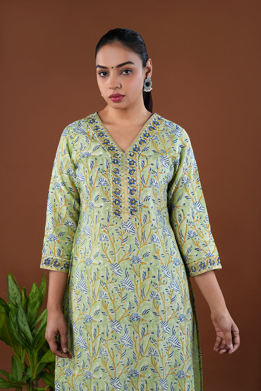 Pista green floral buta sanganeri hand block printed cotton kurta pajama set