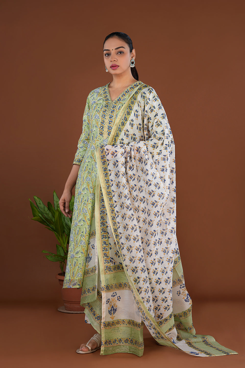 Pista green floral buta sanganeri hand block printed cotton kurta pajama set
