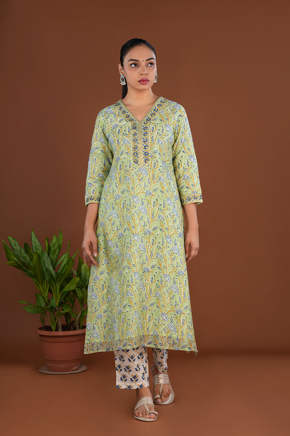 Image of Pista green floral buta sanganeri hand block printed cotton kurta pajama set