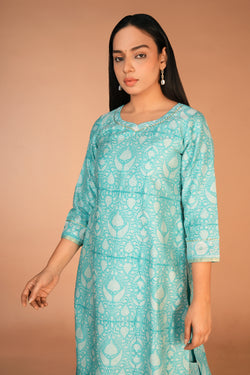 Image of Ice blue Chanderi hand block printed Kurta set