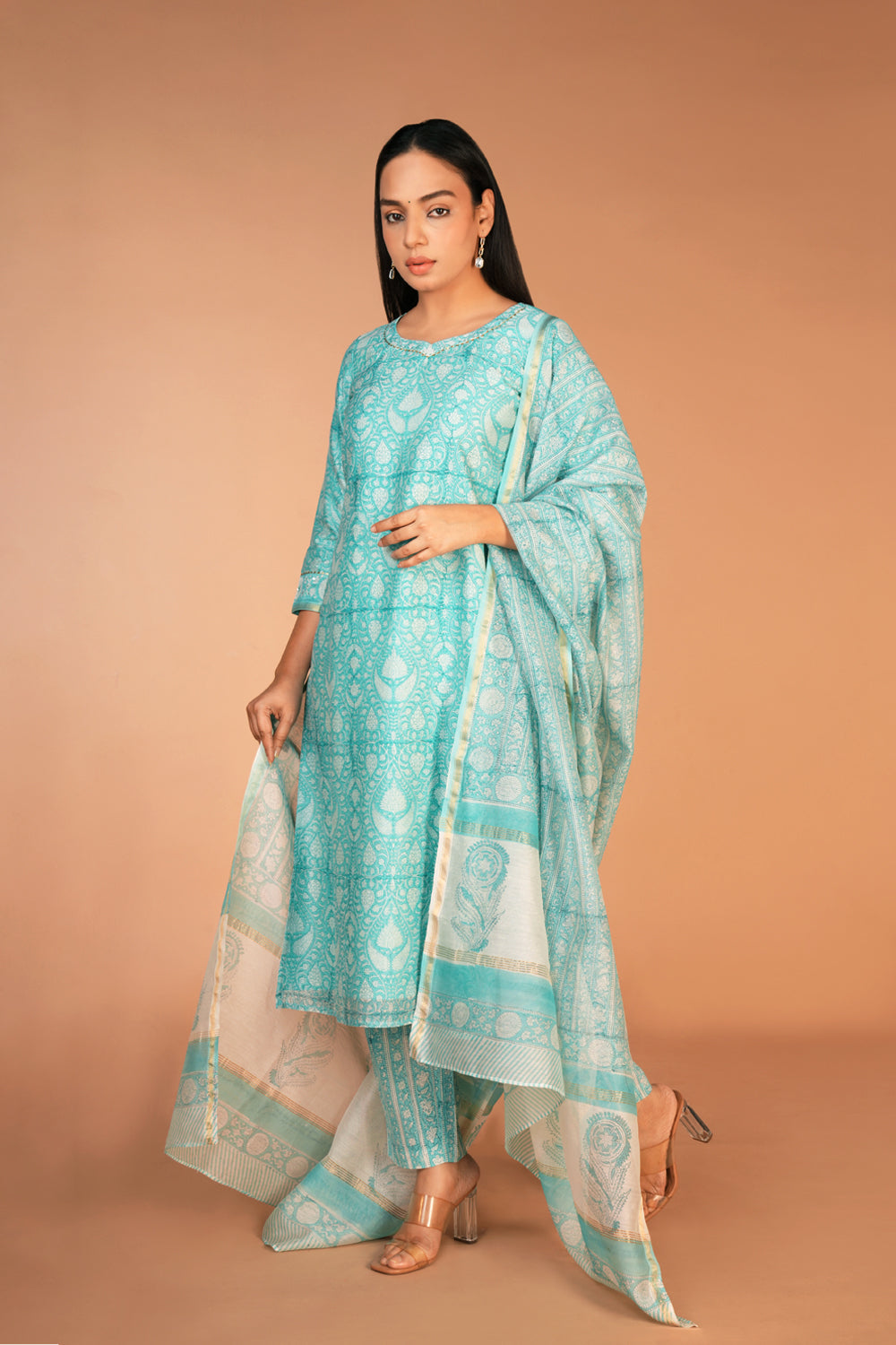 Image of Ice blue Chanderi hand block printed Kurta set