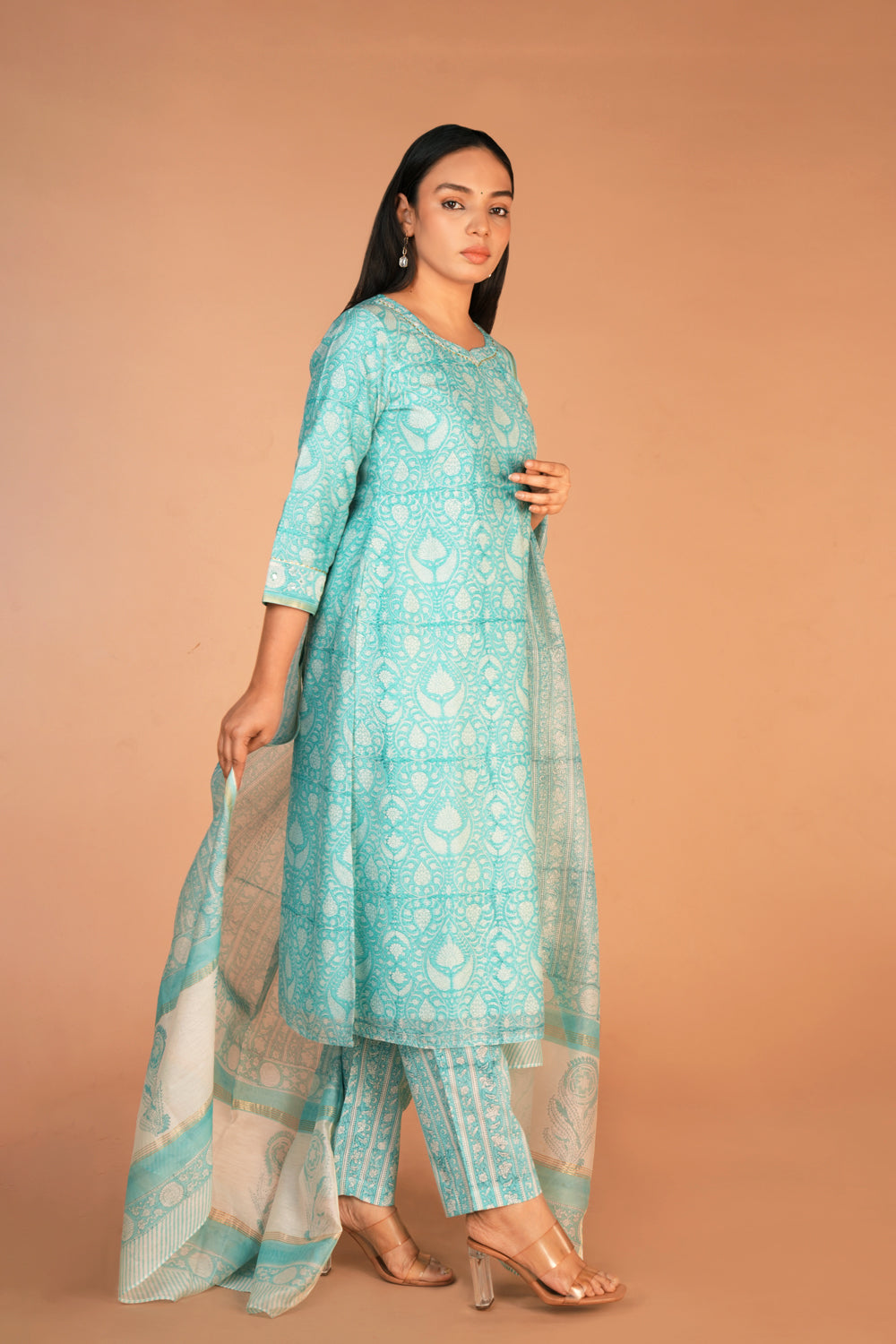 Image of Ice blue Chanderi hand block printed Kurta set