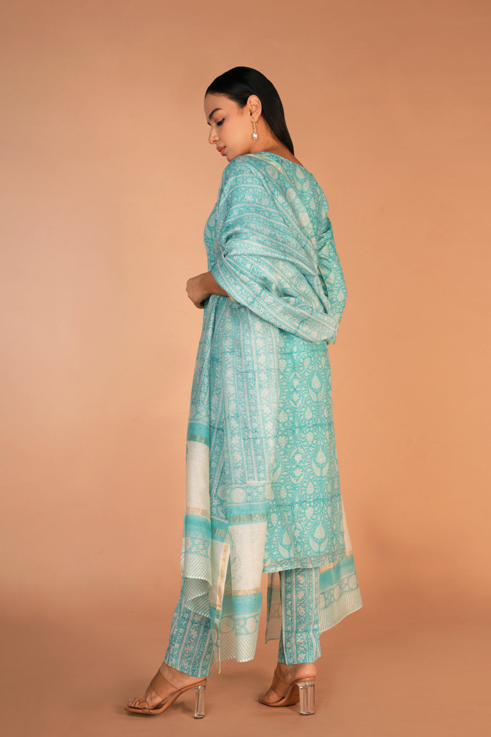 Image of Ice blue Chanderi hand block printed Kurta set