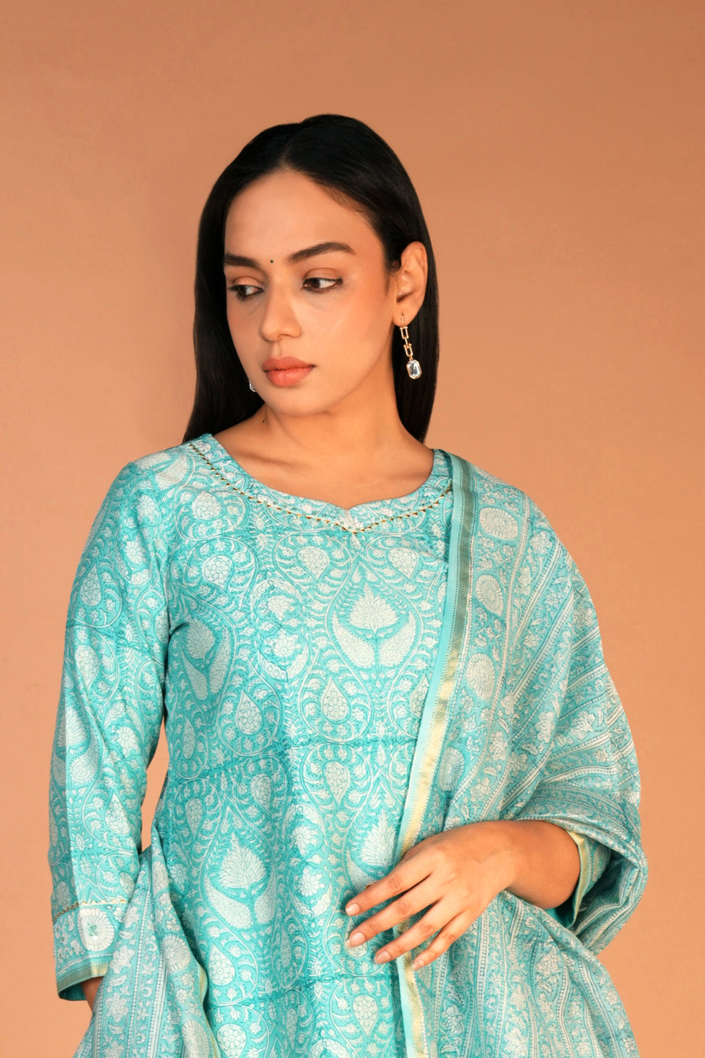Image of Ice blue Chanderi hand block printed Kurta set