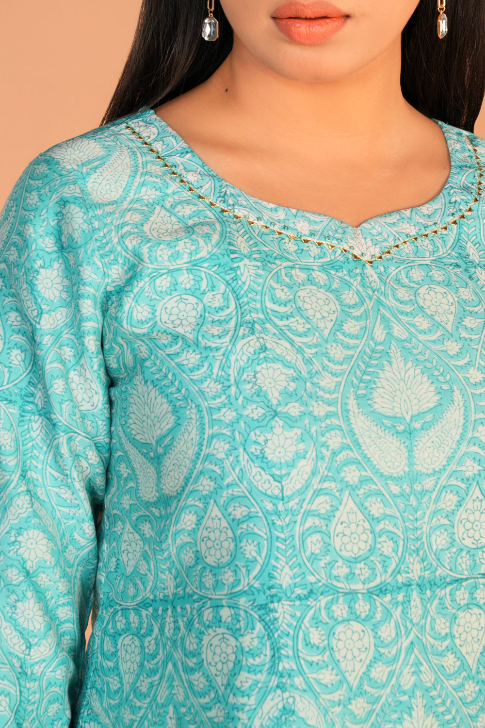 Image of Ice blue Chanderi hand block printed Kurta set