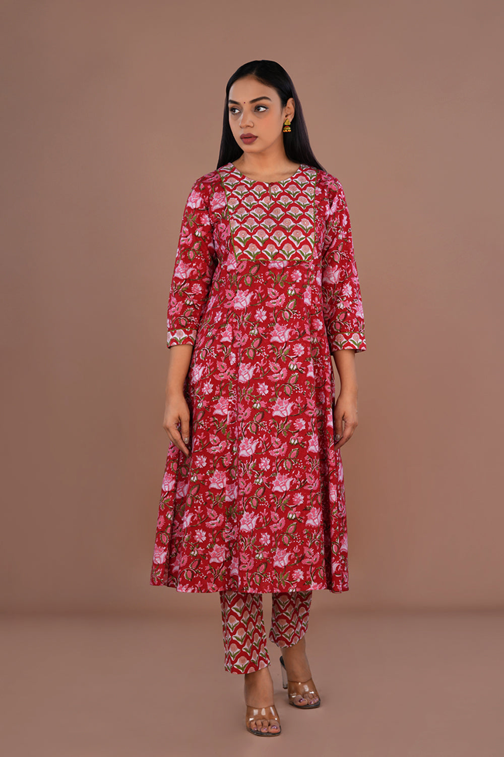 Image of Floral block printed cotton kurta , pants and dupatta set