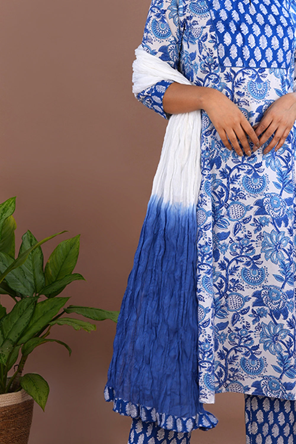Image of Blue Floral Sanganeri block printed cotton kurta set