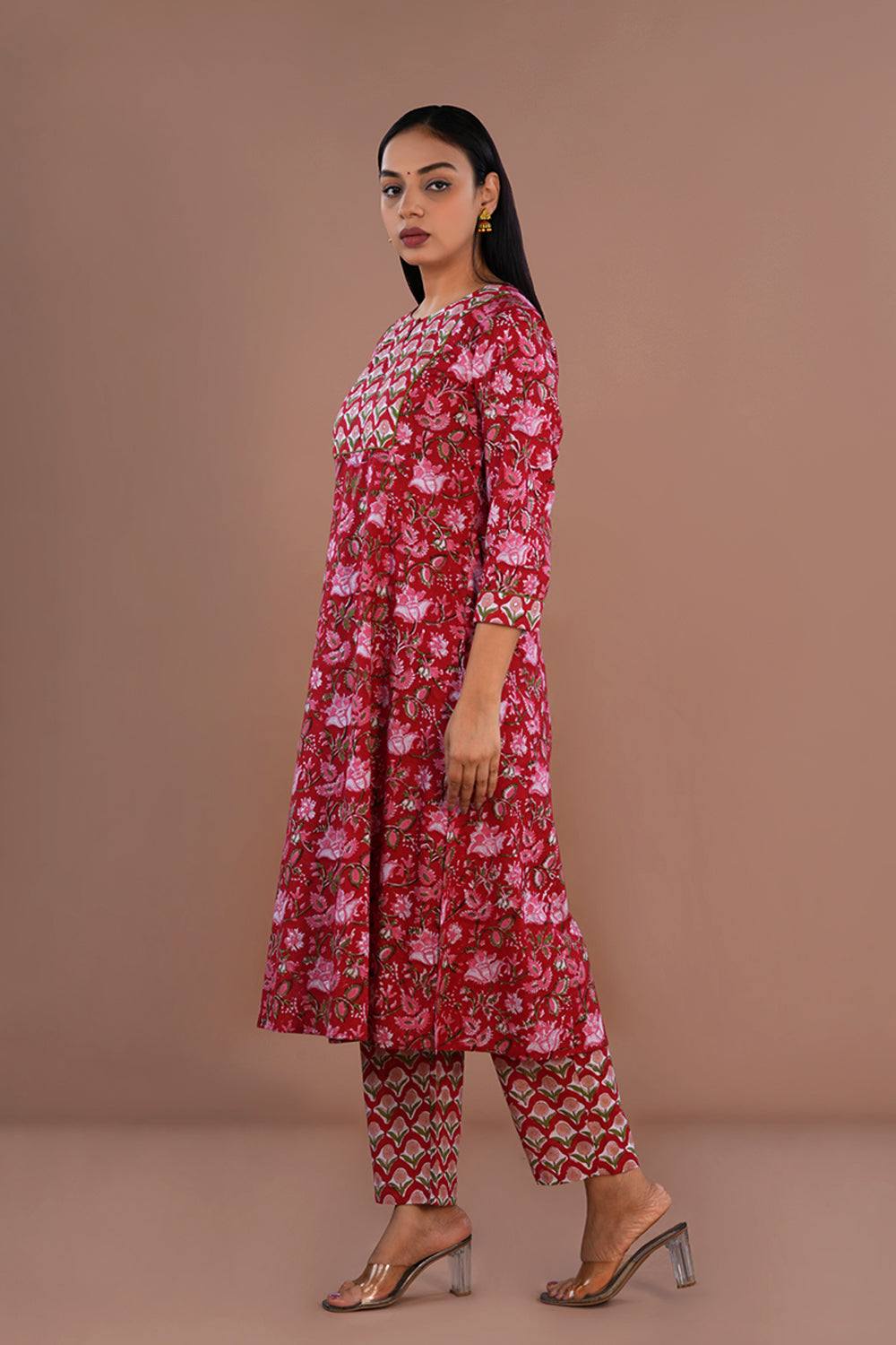 Image of Floral block printed cotton kurta , pants and dupatta set