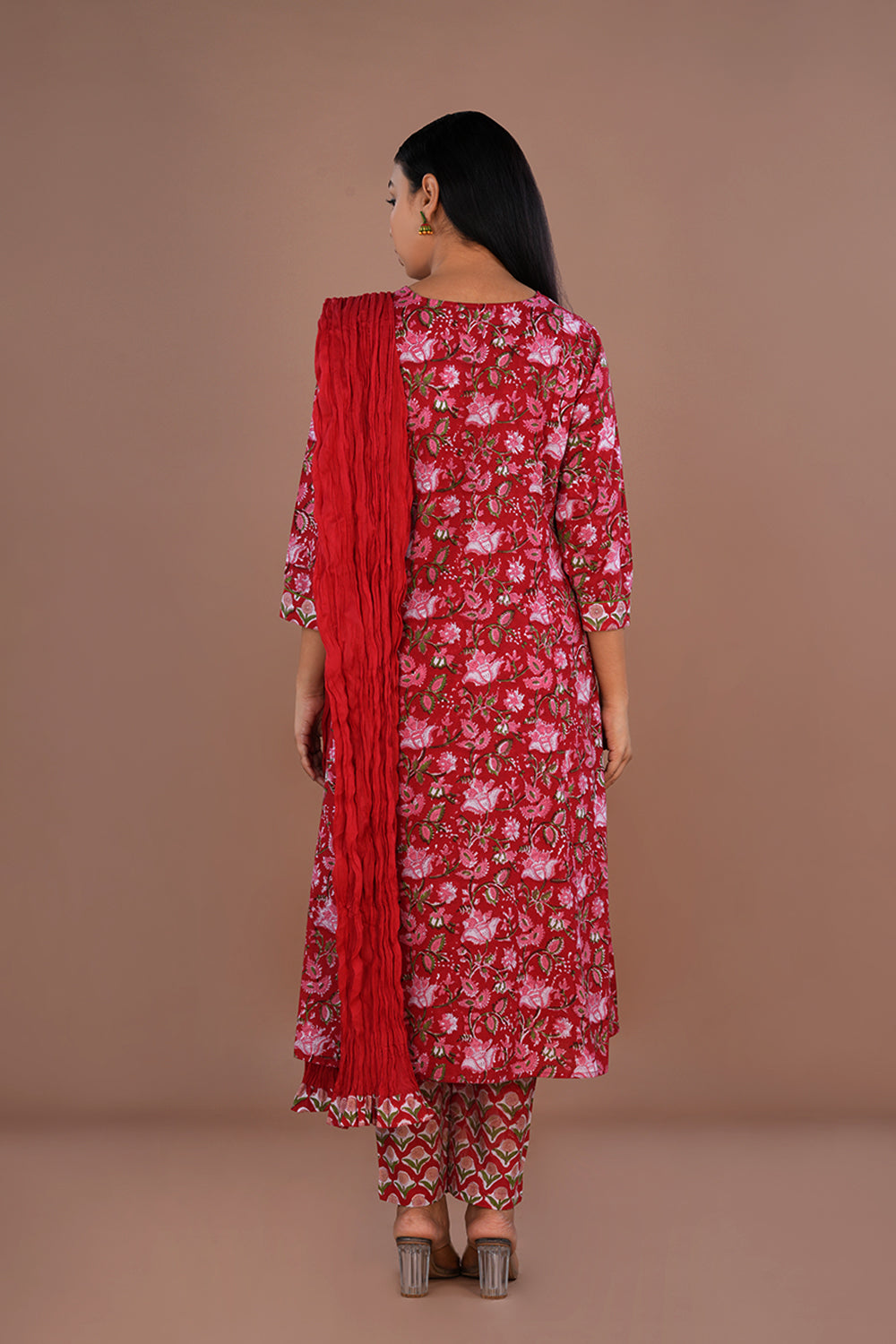 Image of Floral block printed cotton kurta , pants and dupatta set